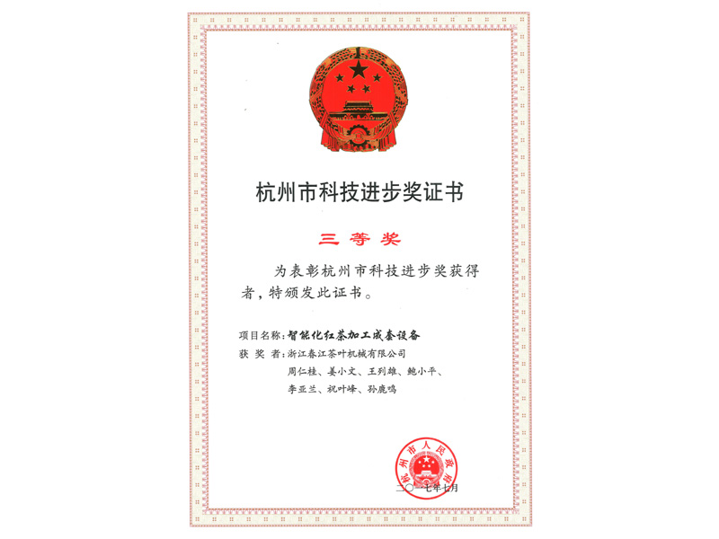 杭州市科技进步奖证书